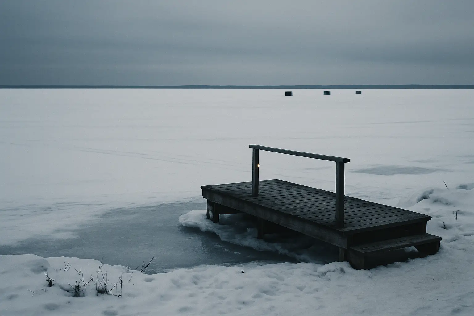 The shore of Lake Simcoe in winter, a dock locked in ice and fishing huts far out on the lake
