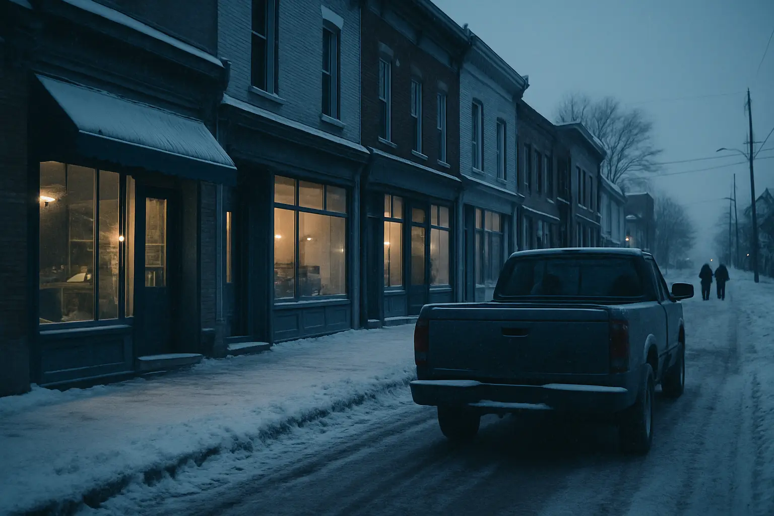 A small-town Ontario main street at winter dusk, shop windows lit along the snowy sidewalk
