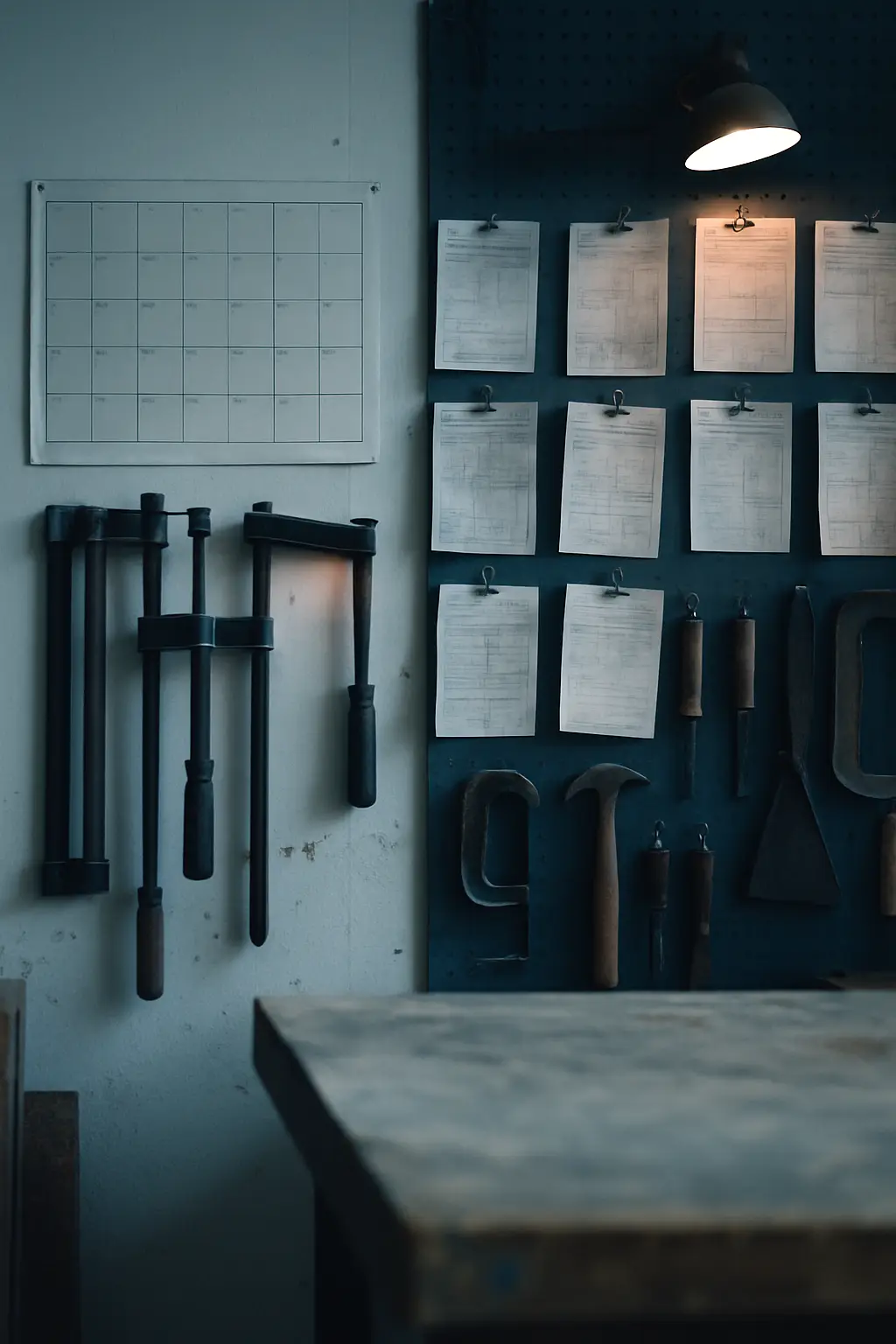 A workshop wall with a paper planner, pinned job tickets and hanging clamps