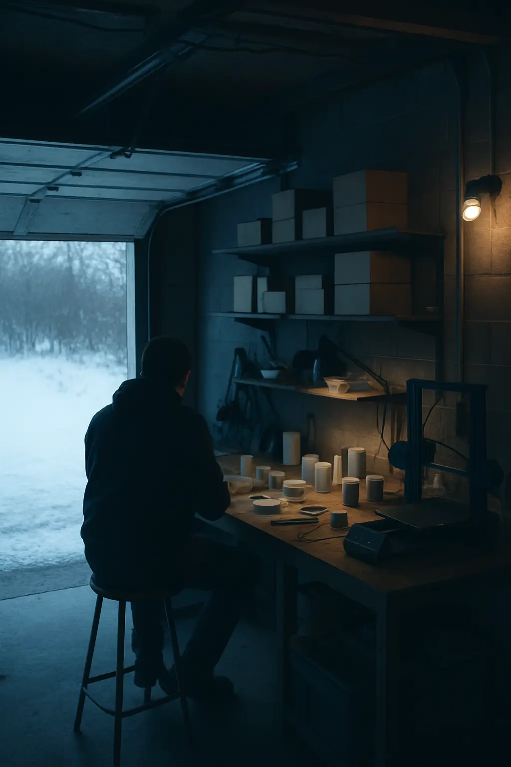 A garage turned into a workshop, prototypes on the bench and snow outside the open door