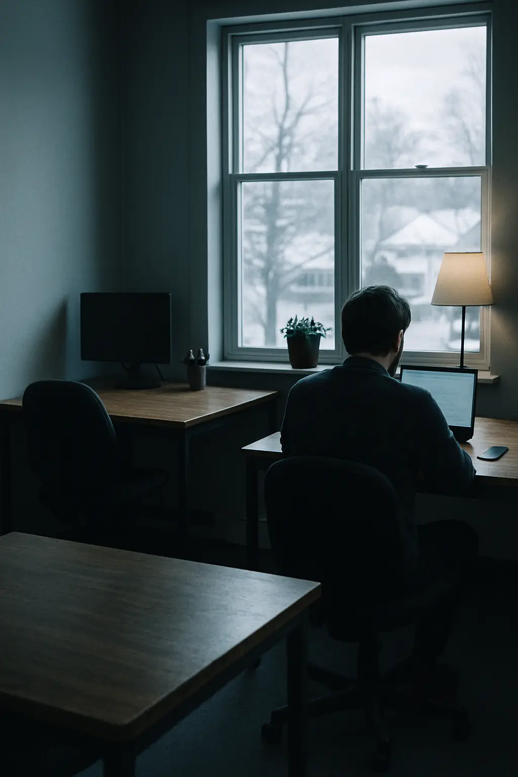 Two desks by a window, one empty and one in use