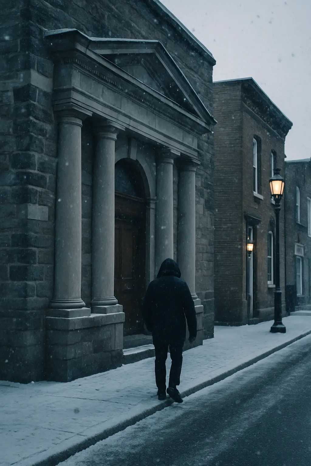 A person walking toward an old stone bank building on a main street in the snow