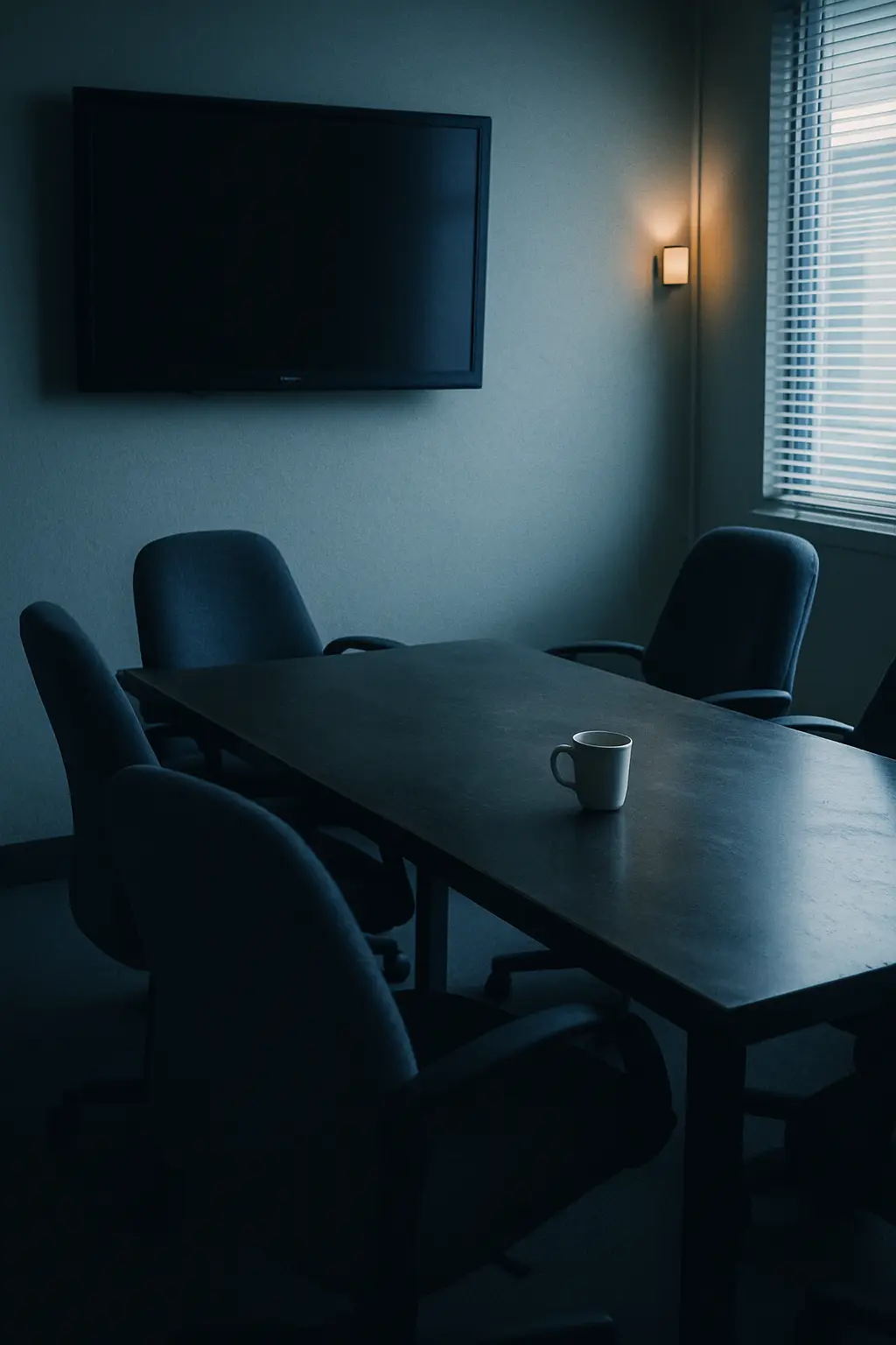 An empty meeting room just after a meeting, chairs pushed back and the screen switched off