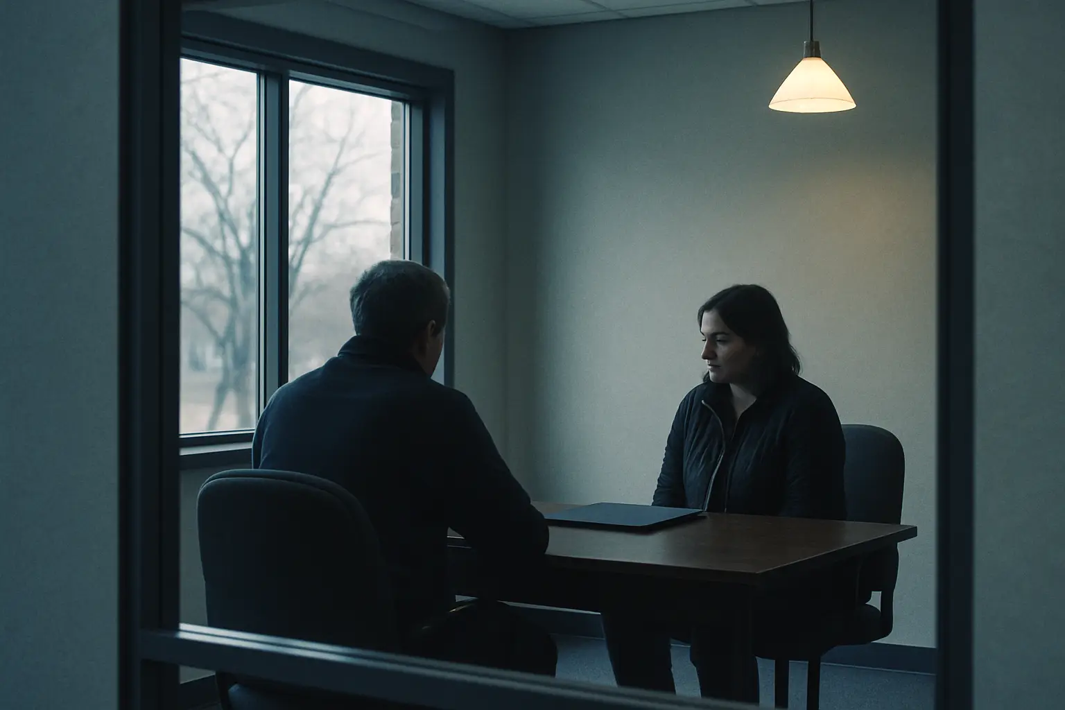 Two people talking across a table in a small credit union meeting room