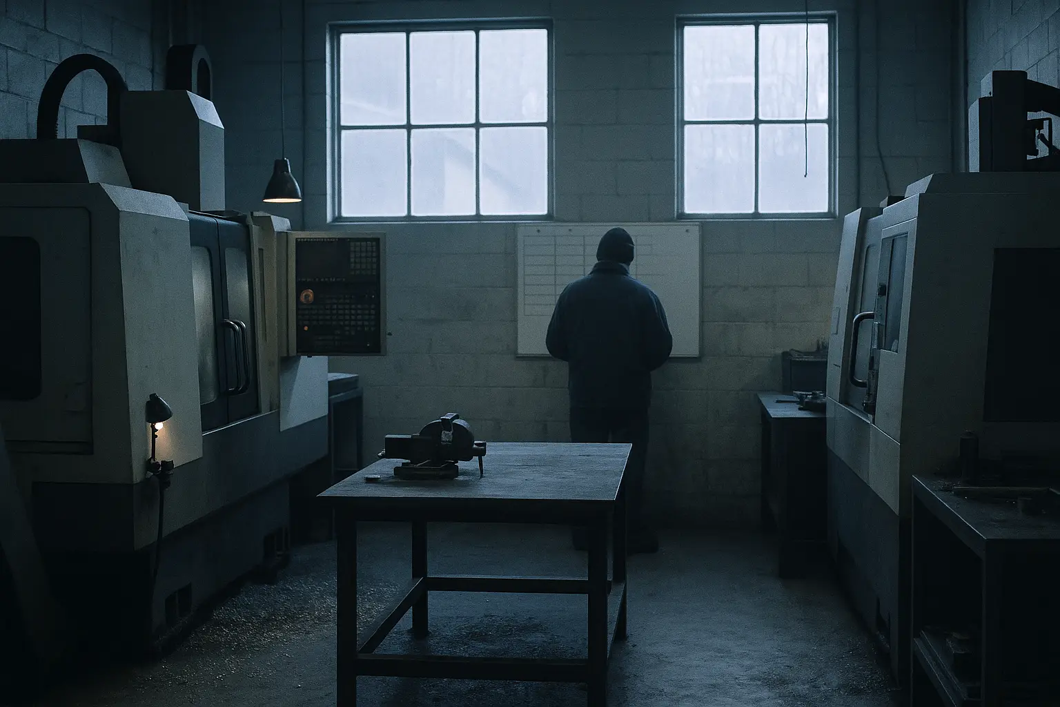 A small machine shop in winter light, the owner standing at a job-schedule board between CNC machines