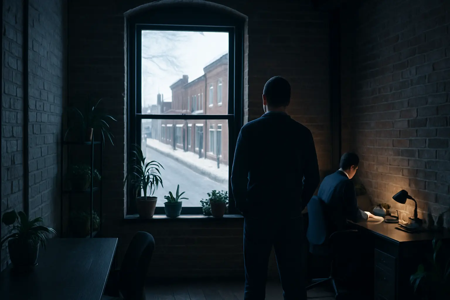A two-person office in an old brick building, one person at the window looking out at a snowy main street