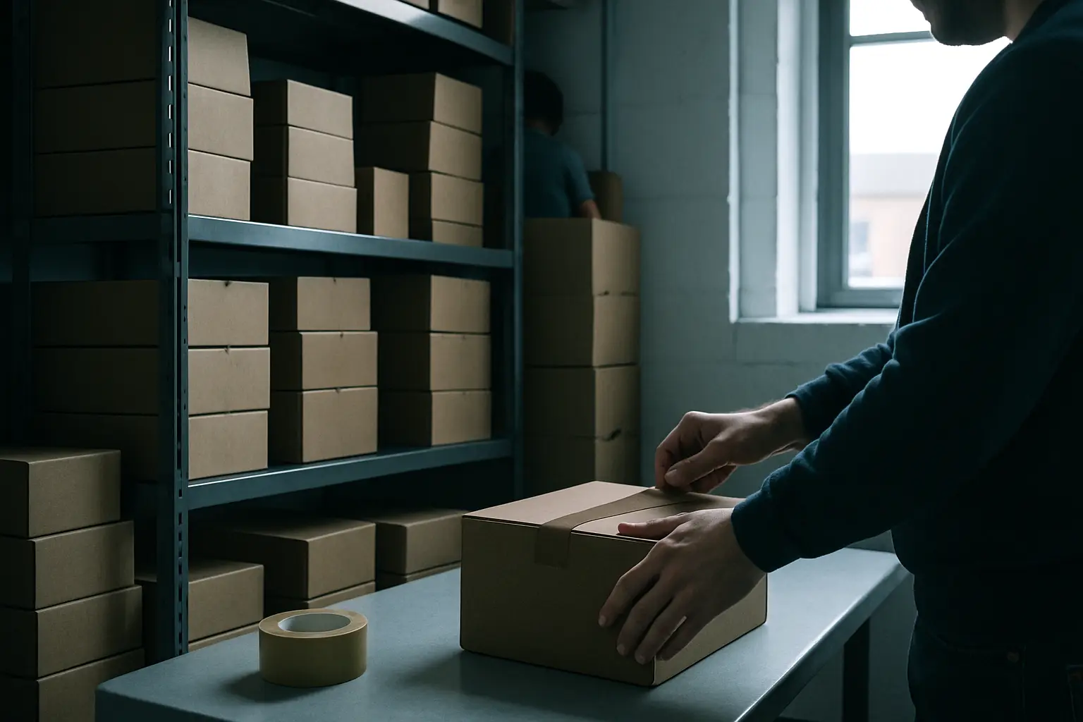 Hands taping a plain shipping box in a small startup's packing corner