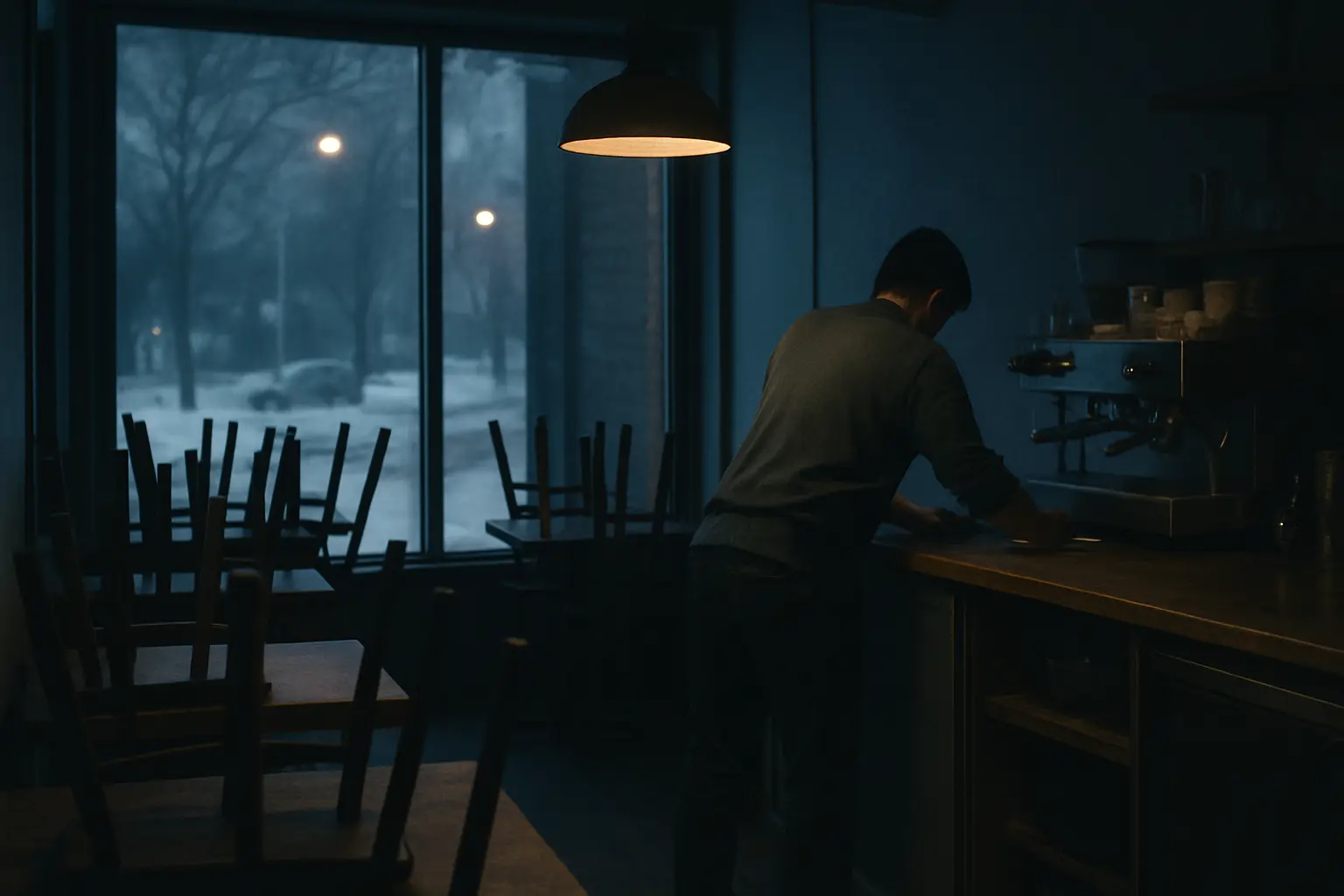 A neighbourhood café at closing time, chairs up on the tables and snow outside the window