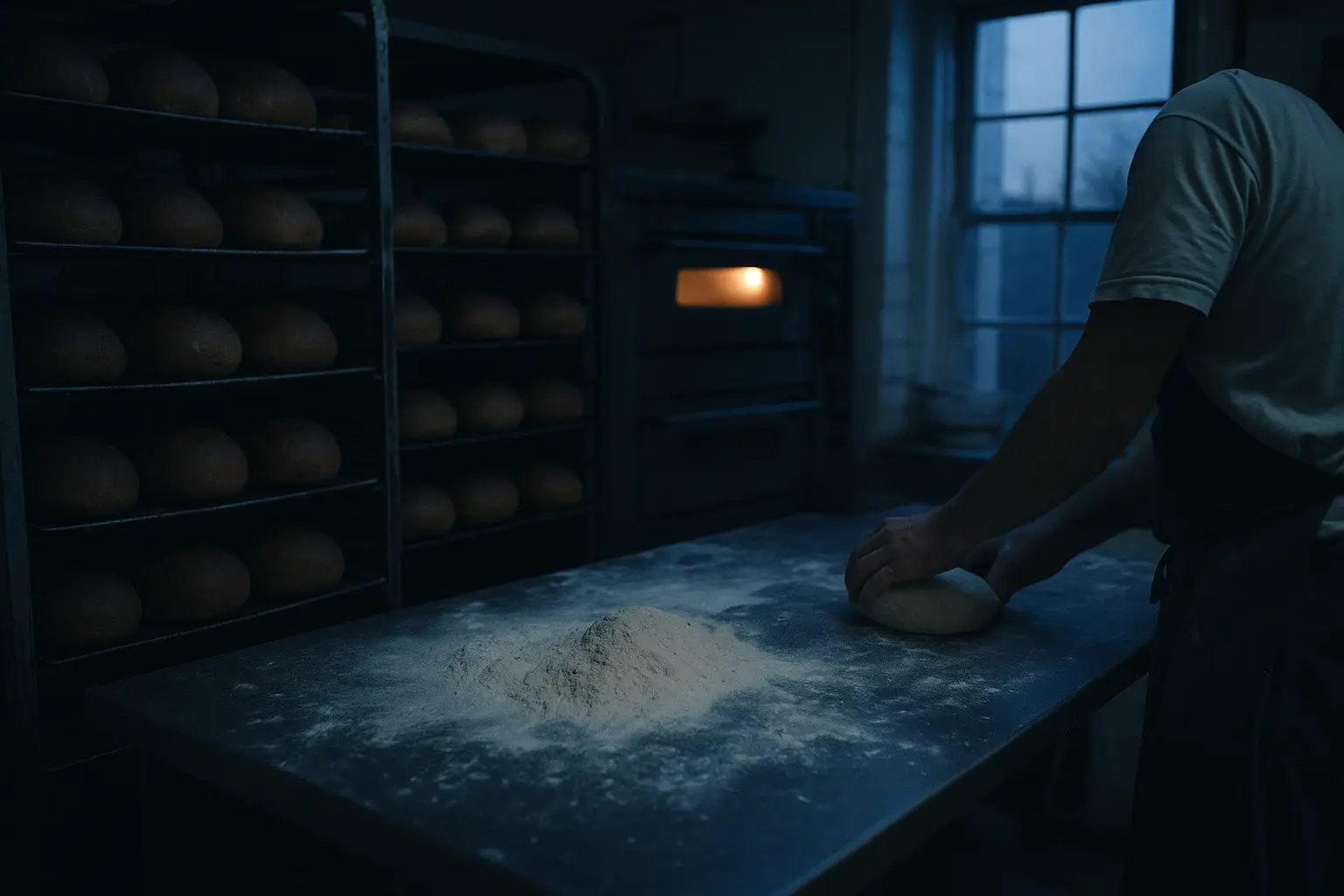 A bakery kitchen before dawn, racks of cooling loaves and a baker shaping dough