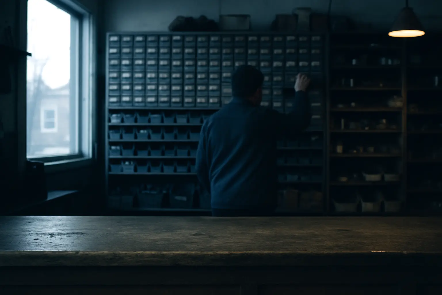 An independent hardware store counter with a wall of small parts drawers behind it
