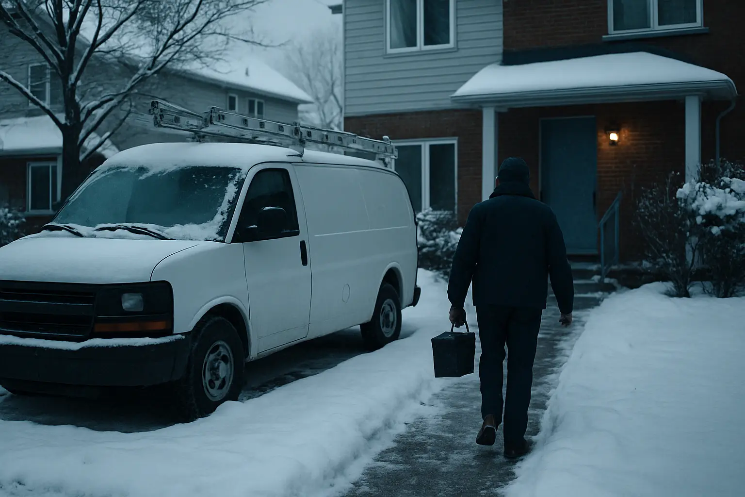 A technician carrying a toolbox up a shovelled path to a house, a white service van in the driveway