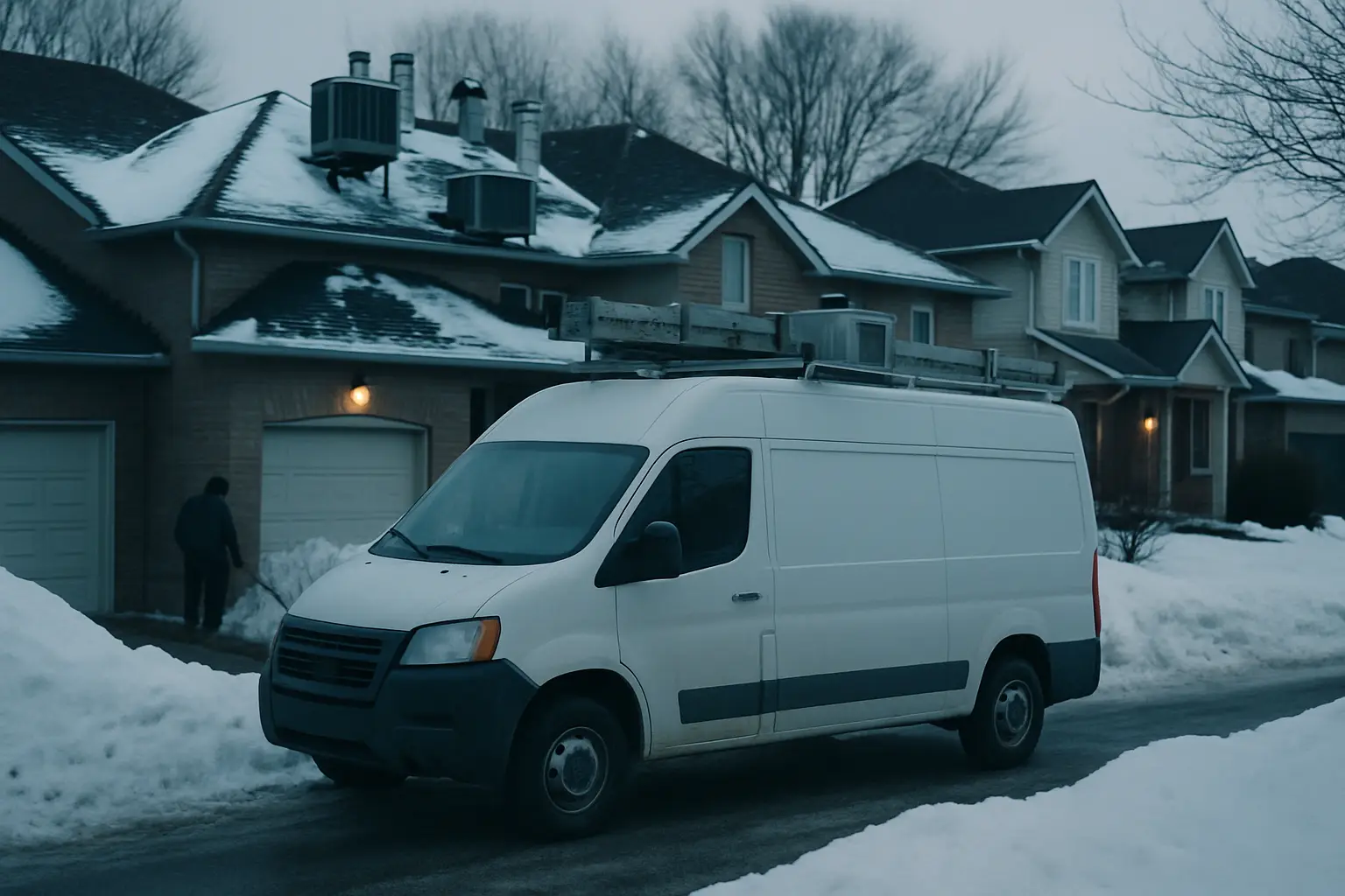 A white service van parked in front of a snowy suburban house