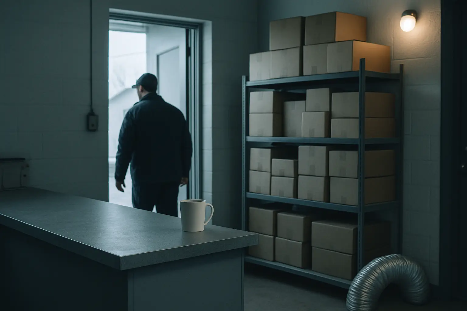 The back office of a heating and cooling company, shelves of boxed parts and a technician heading out the door