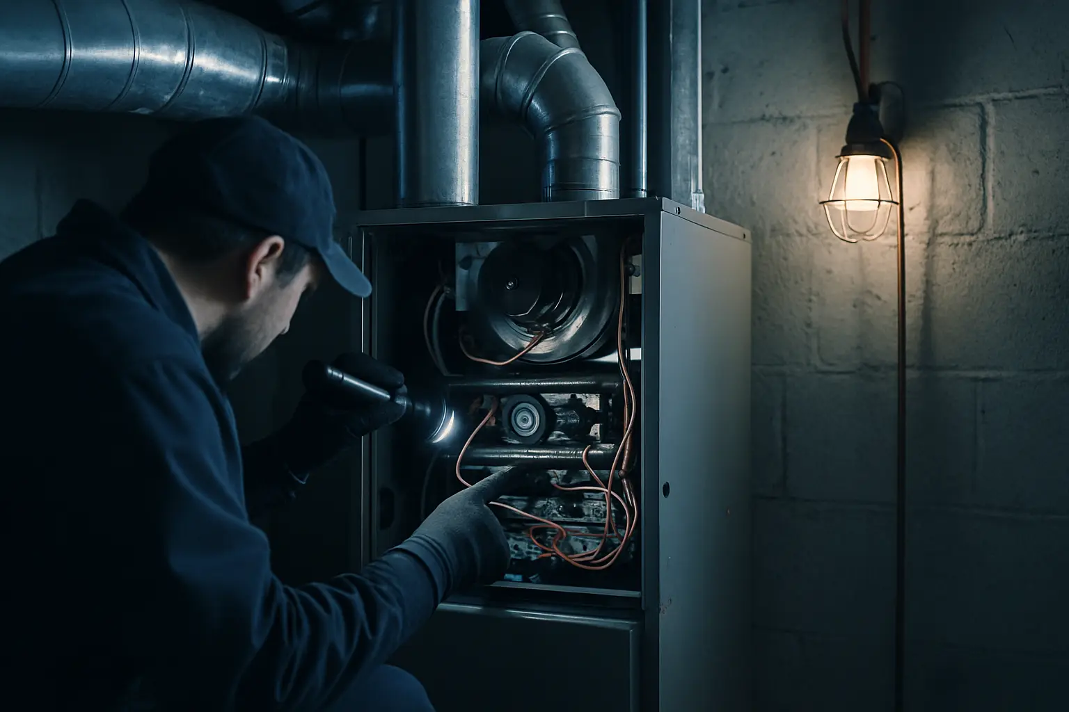 A technician servicing a furnace in a basement with a flashlight